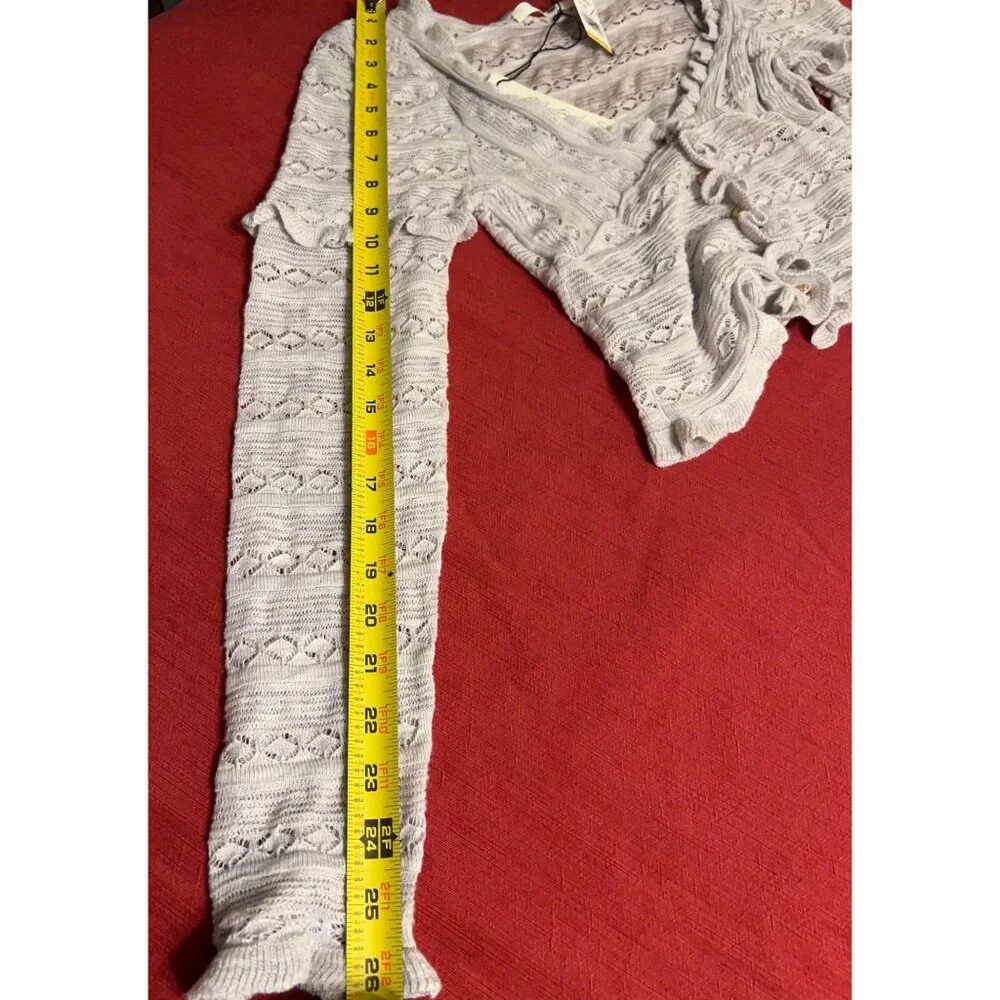 Mustard Seed NEW Ruffle Cardigan Sweater Size S Gray Knit Long Sleeve Cropped Bu - Picture 5 of 11